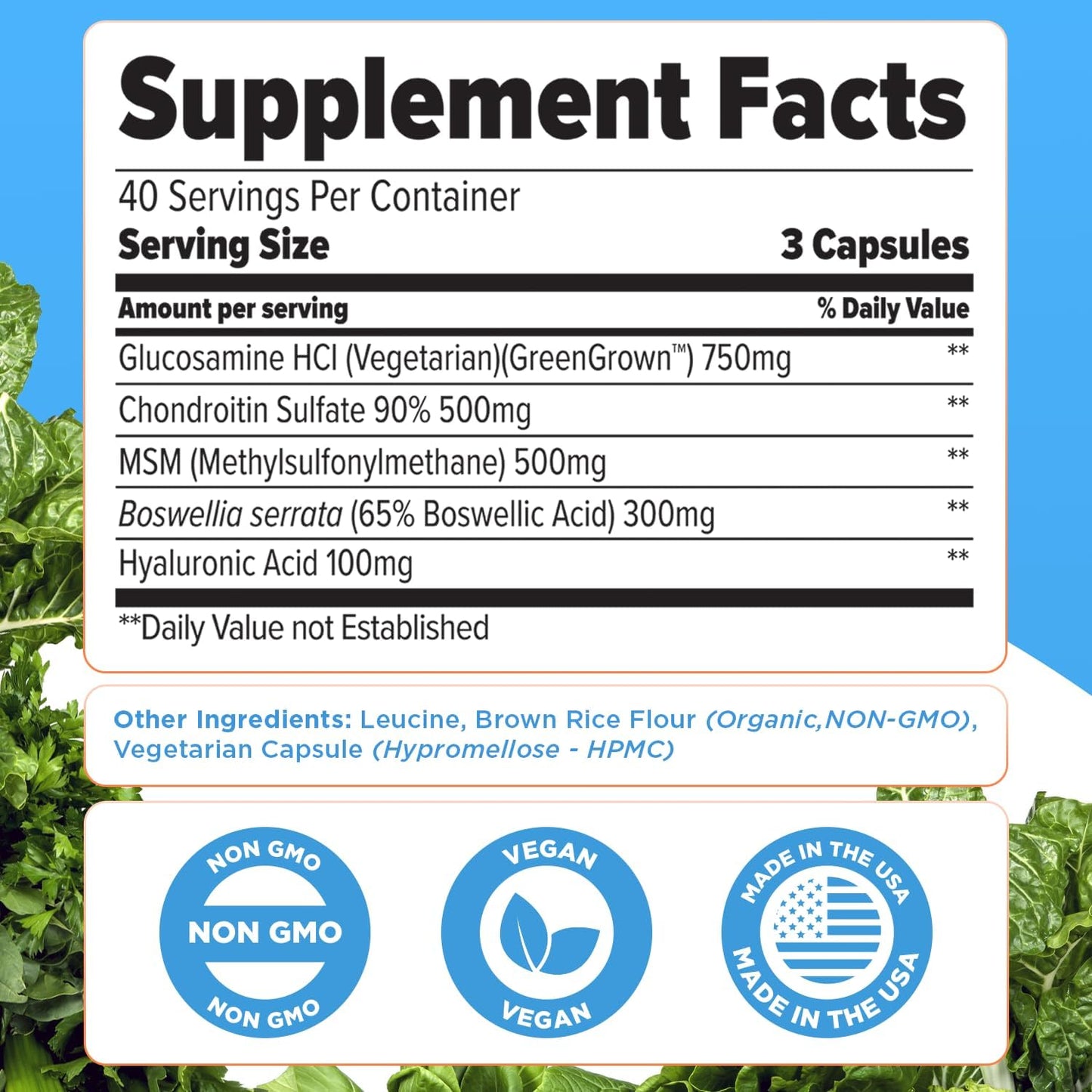 Joint Envy Supplement - Glucosamine Chondroitin MSM Hyaluronic Acid, 120 Vegan Capsules, Joint Health Support, Non-GMO Gluten Soy Free