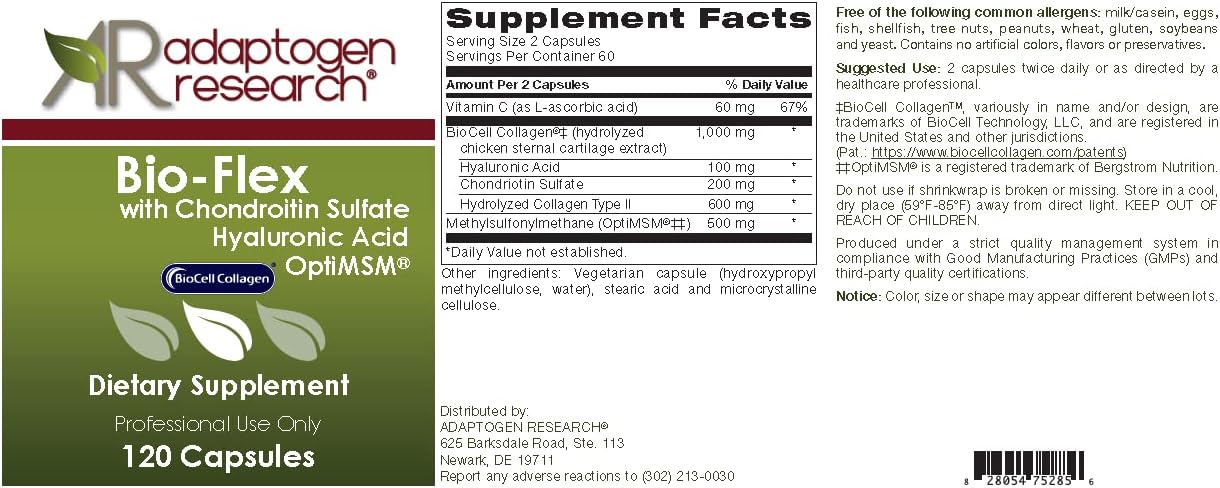Joint Health Bioavailable Complex with Bio-Flex, Chondroitin Sulfate, MSM, Hyaluronic Acid, BioCell Collagen | 120 Vegetarian Capsules by Adaptogen Research