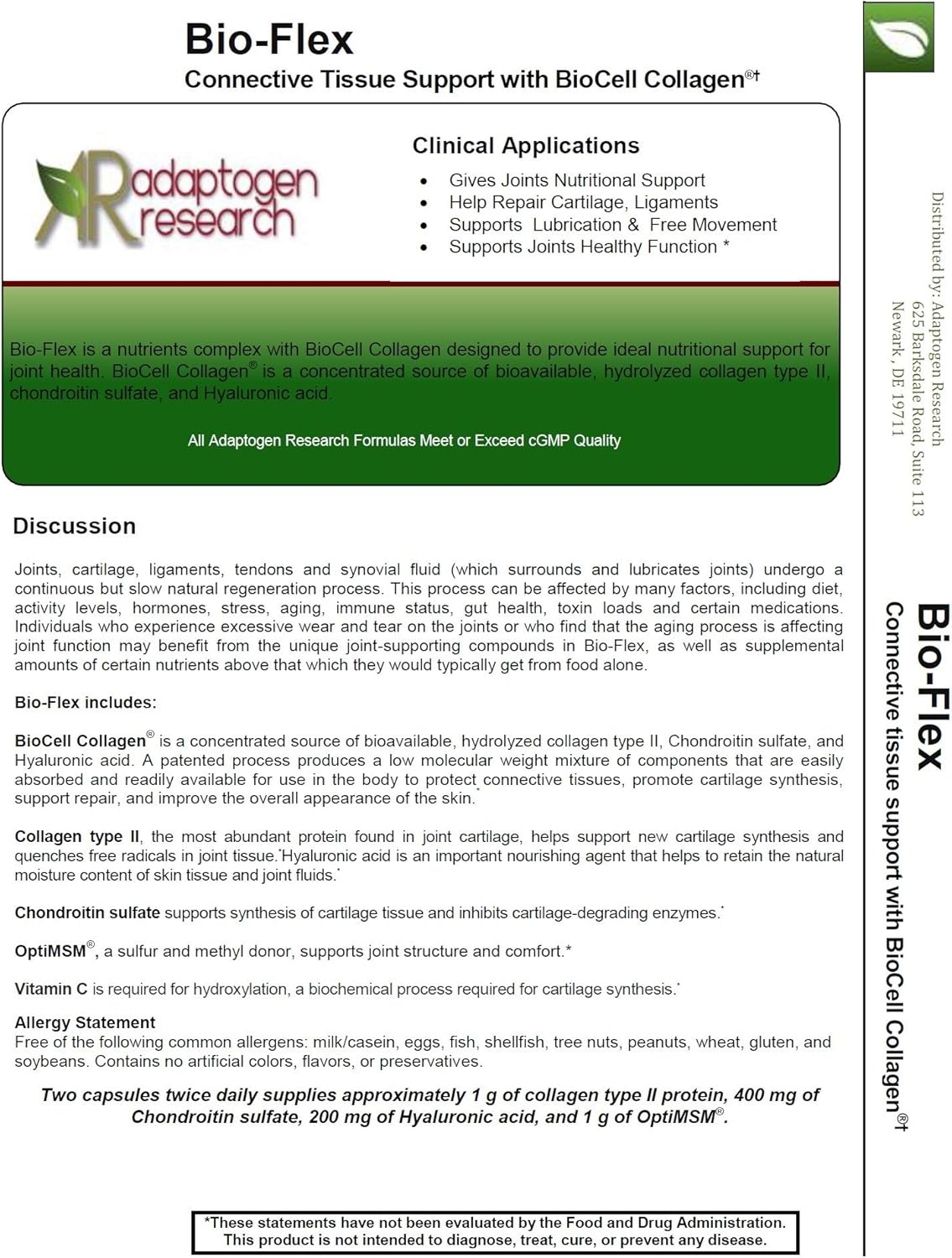 Joint Health Bioavailable Complex with Bio-Flex, Chondroitin Sulfate, MSM, Hyaluronic Acid, BioCell Collagen | 120 Vegetarian Capsules by Adaptogen Research