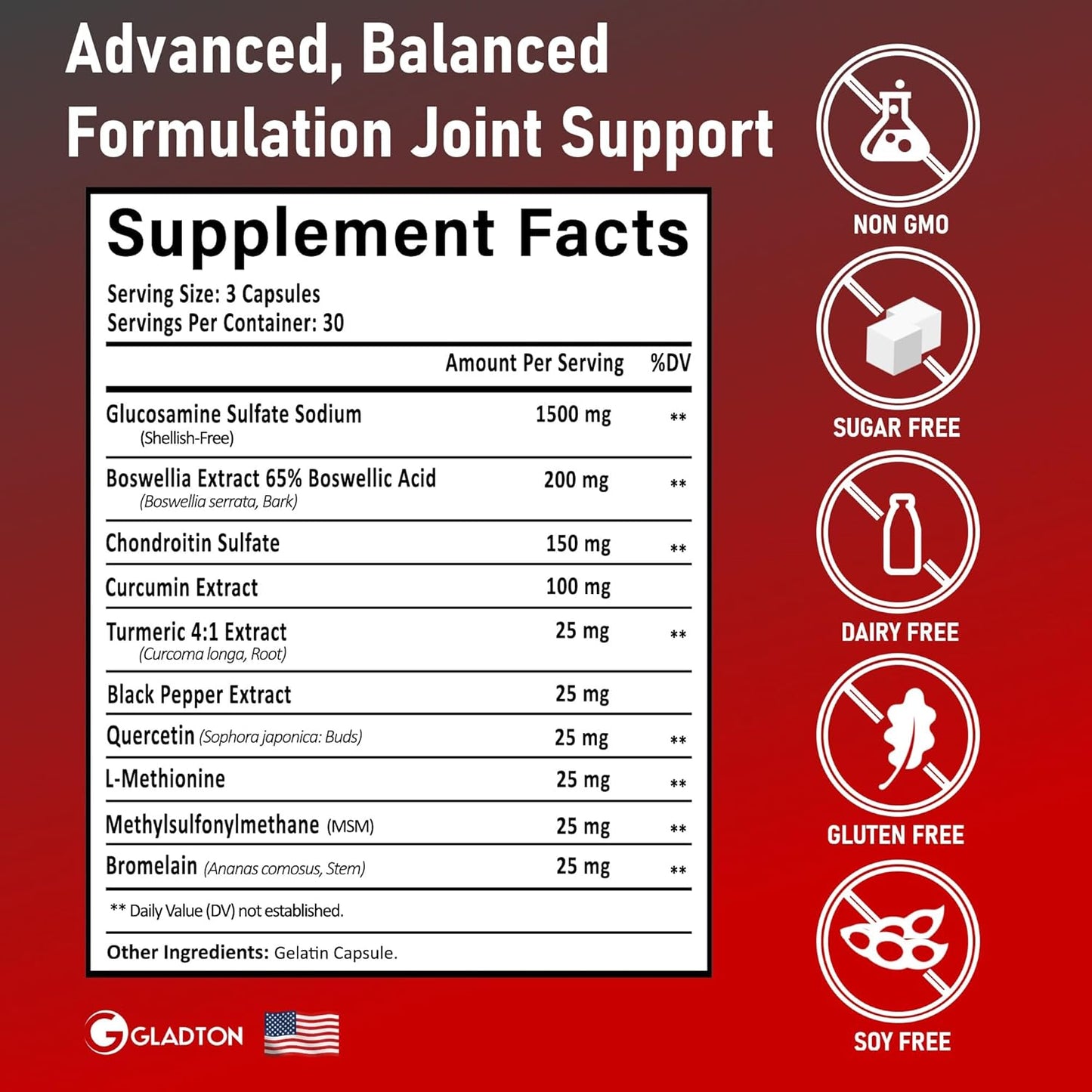 Joint Health Supplement with Glucosamine, Chondroitin, MSM, Curcumin, Turmeric, and Boswellia - 90 Capsules for Bone, Back, Knee, and Hand Flexibility and Mobility in Women and Men