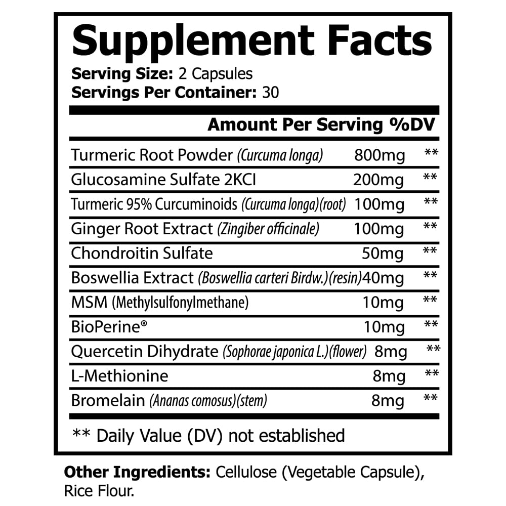 Joint Health Support Supplement with Turmeric, Curcumin, Ginger, Glucosamine, Boswellia, and Black Pepper - 60 Veg Caps