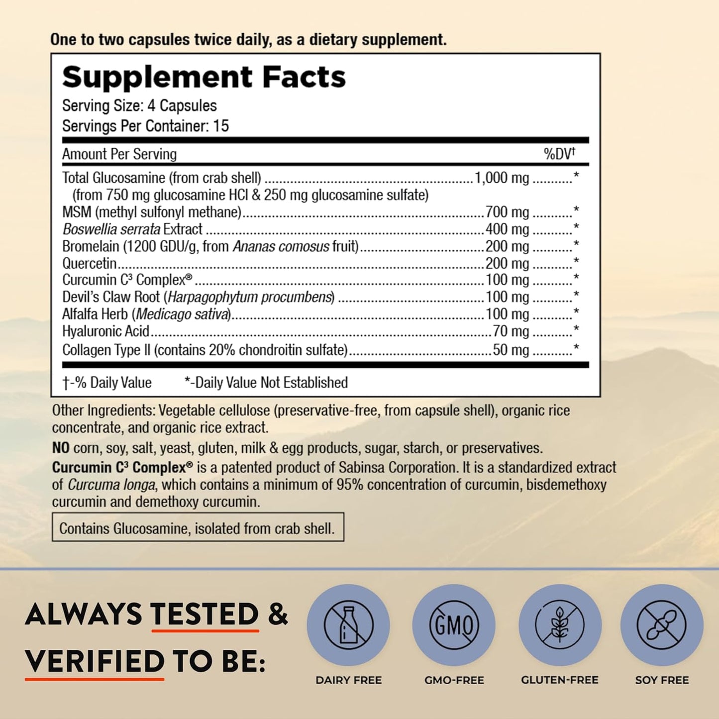 Joint Solution Advanced with Curcumin C3 Complex, Glucosamine, Hyaluronic Acid, Bromelain, Collagen Type 2 & MSM - 60 Capsules