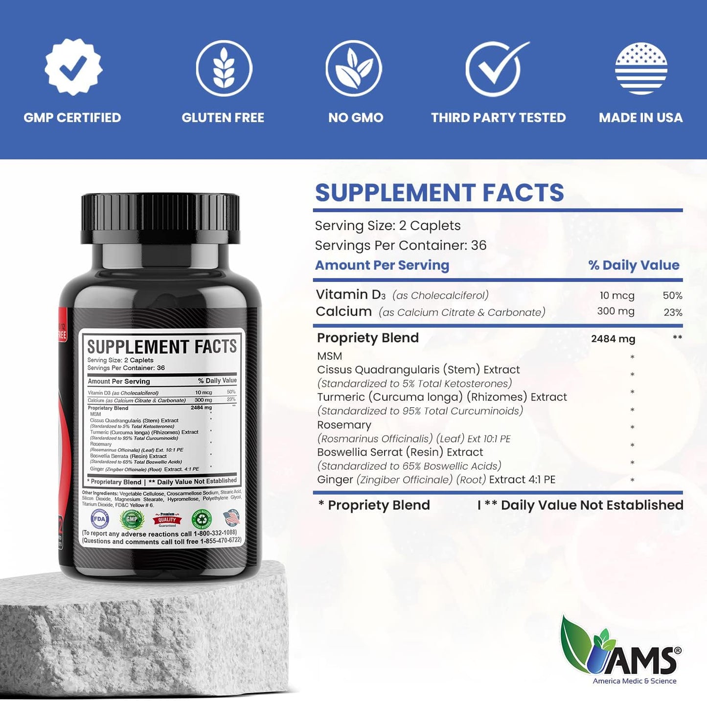 Joint Supplement with Turmeric, Boswellia, MSM, Vitamin D3, & Calcium - 72 Caplets