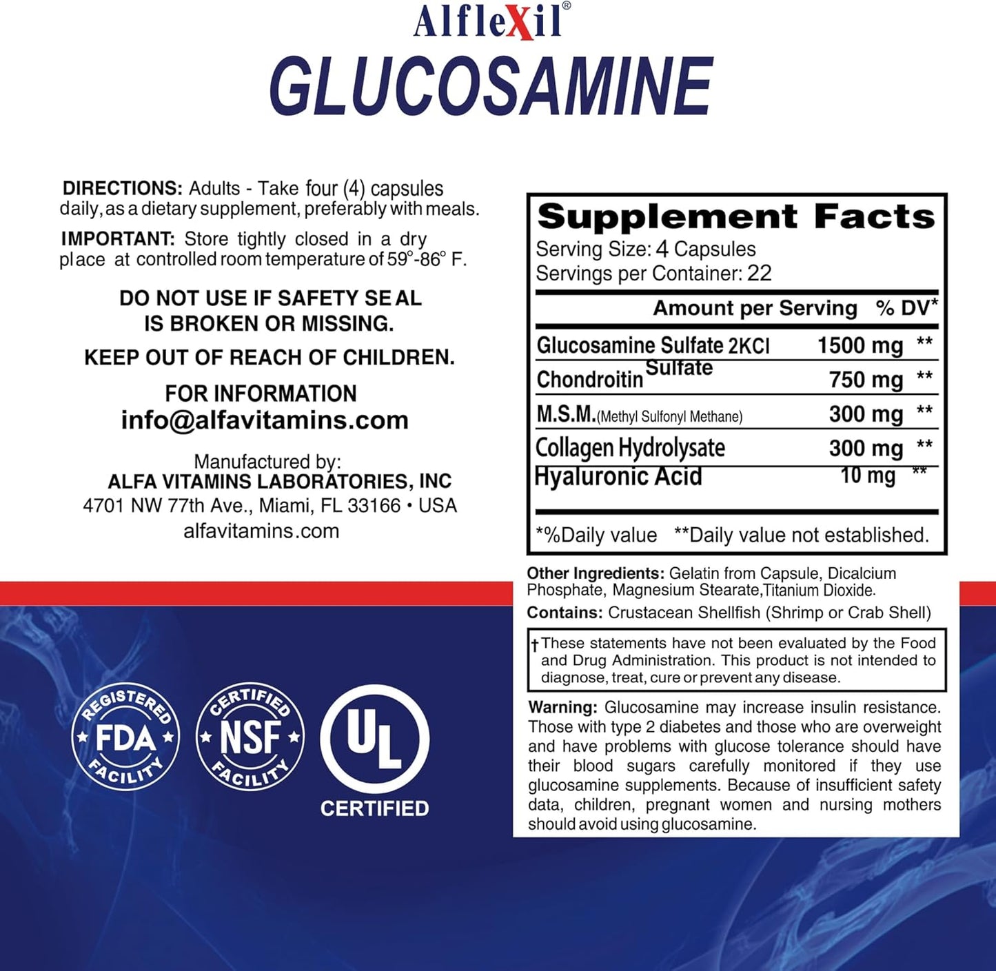 Joint Support Dietary Supplements - ALFLEXIL Glucosamine, Chondroitin, MSM, Collagen - 90 Capsules x 4 Pack