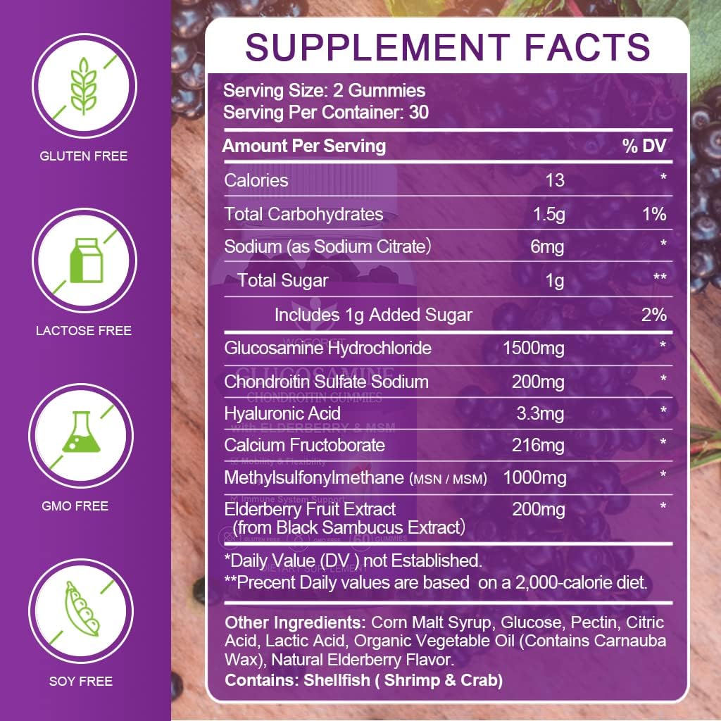 Joint Support Gummies with Glucosamine, Chondroitin, MSM & Elderberry - Antioxidant & Immune Boost - 120 Gummies for Adults