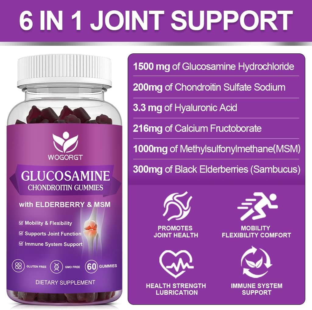 Joint Support Gummies with Glucosamine, Chondroitin, MSM & Elderberry - Antioxidant & Immune Boost - 120 Gummies for Adults