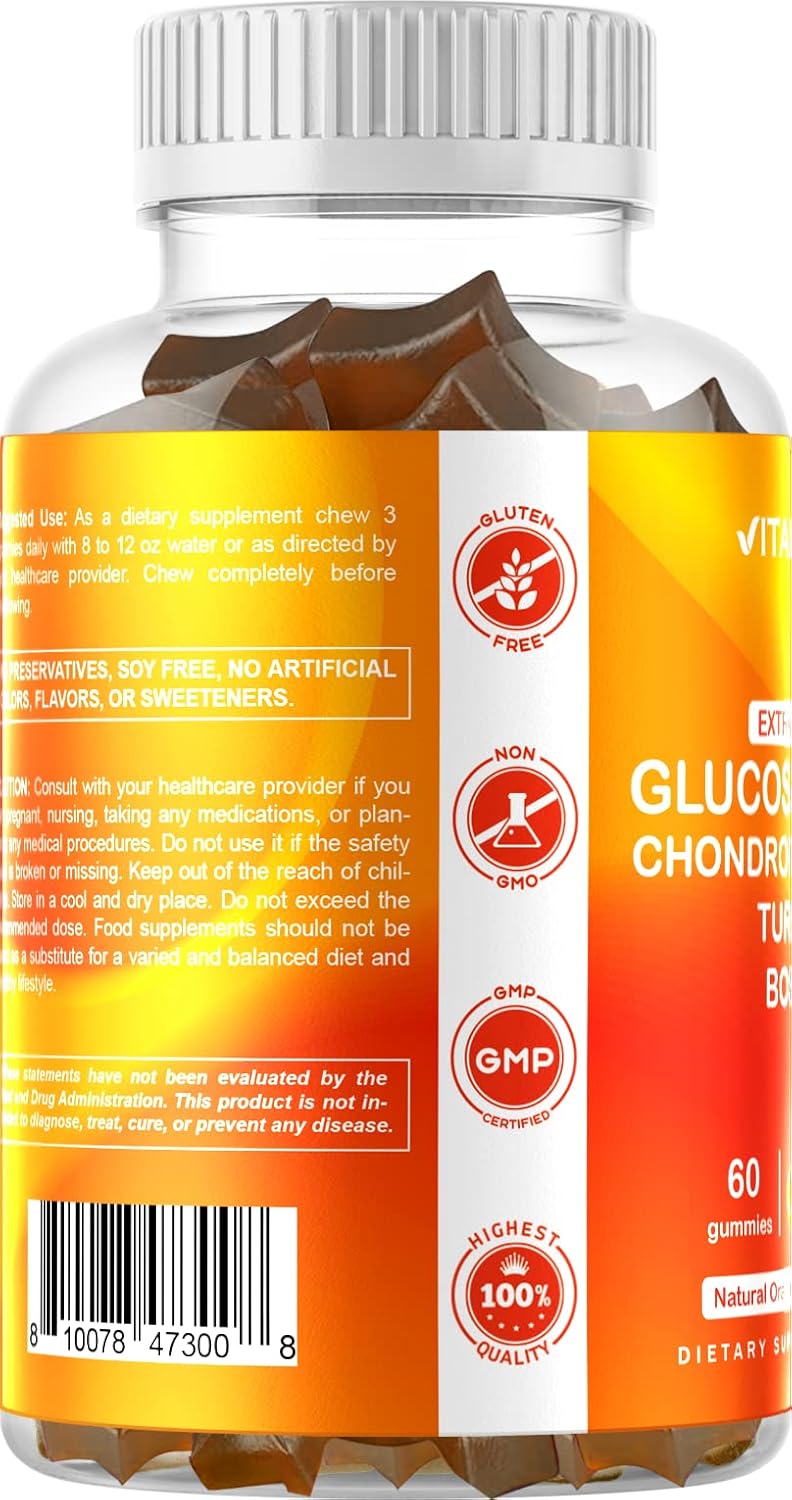 Joint Support Gummies with Glucosamine, Chondroitin, MSM, Turmeric & Boswellia - 60 Pectin Gummies for Extra Strength