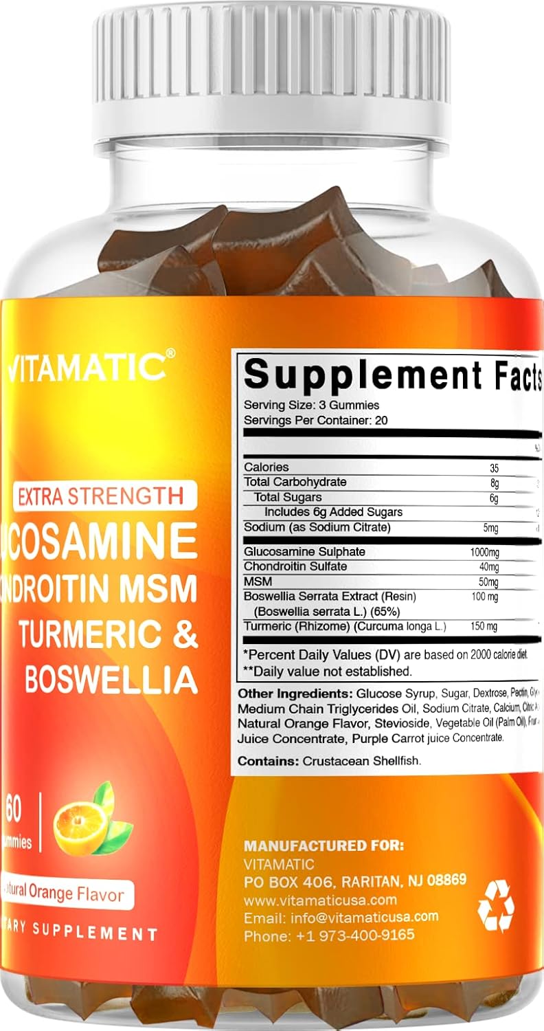 Joint Support Gummies with Glucosamine, Chondroitin, MSM, Turmeric & Boswellia - 60 Pectin Gummies for Extra Strength