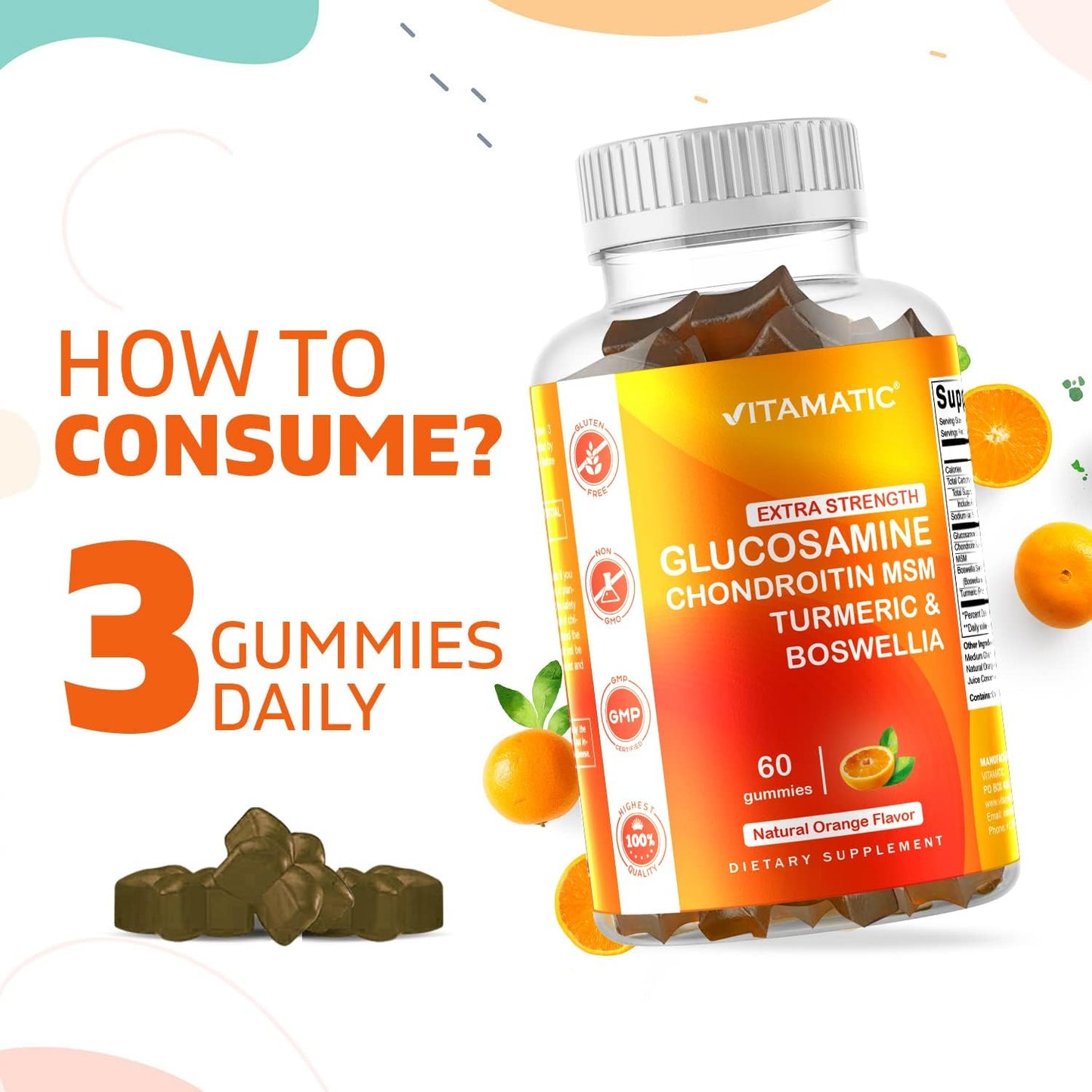 Joint Support Gummies with Glucosamine, Chondroitin, MSM, Turmeric & Boswellia - 60 Pectin Gummies for Extra Strength