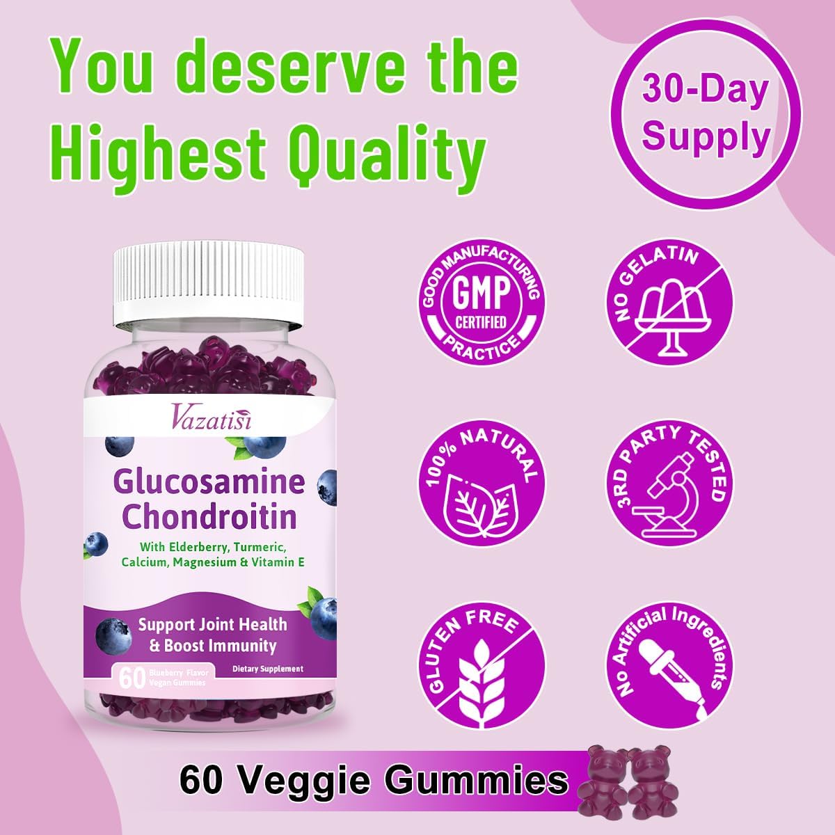 Joint Support Gummies with Glucosamine, Chondroitin, MSM, Calcium & Boswellia for Men and Women - 60 Count