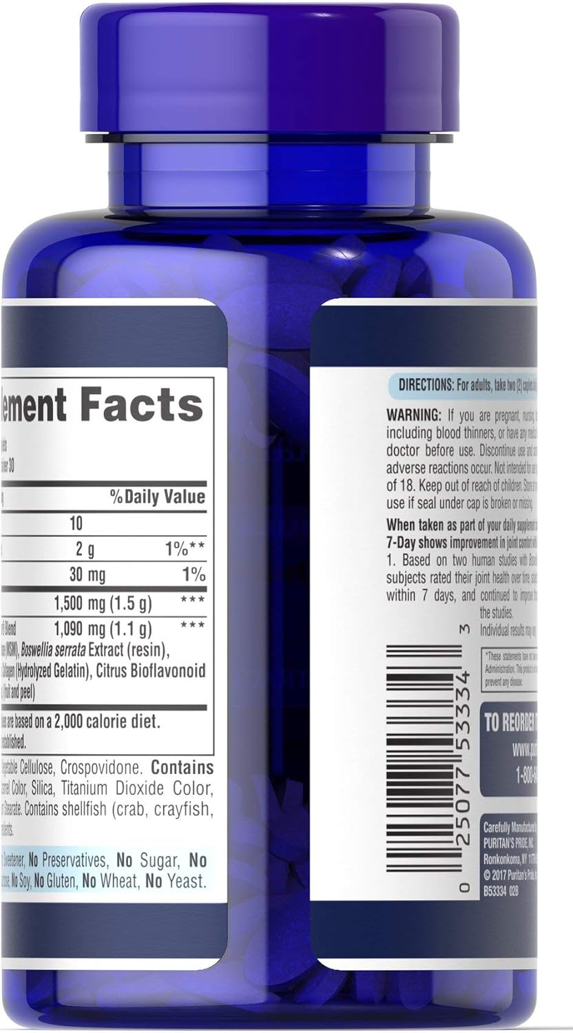 Joint Support Supplement with Glucosamine, Chondroitin, MSM & Boswellia - 60 Caplets by Puritan's Pride