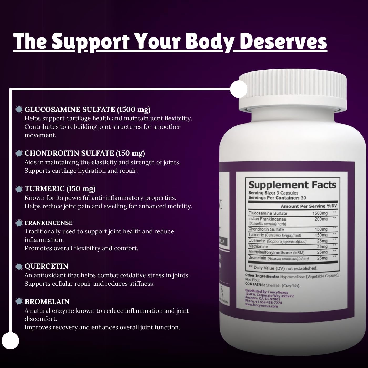 Joint Support Supplement with Glucosamine, Chondroitin, Turmeric & More - 90 Capsules for Mobility & Flexibility