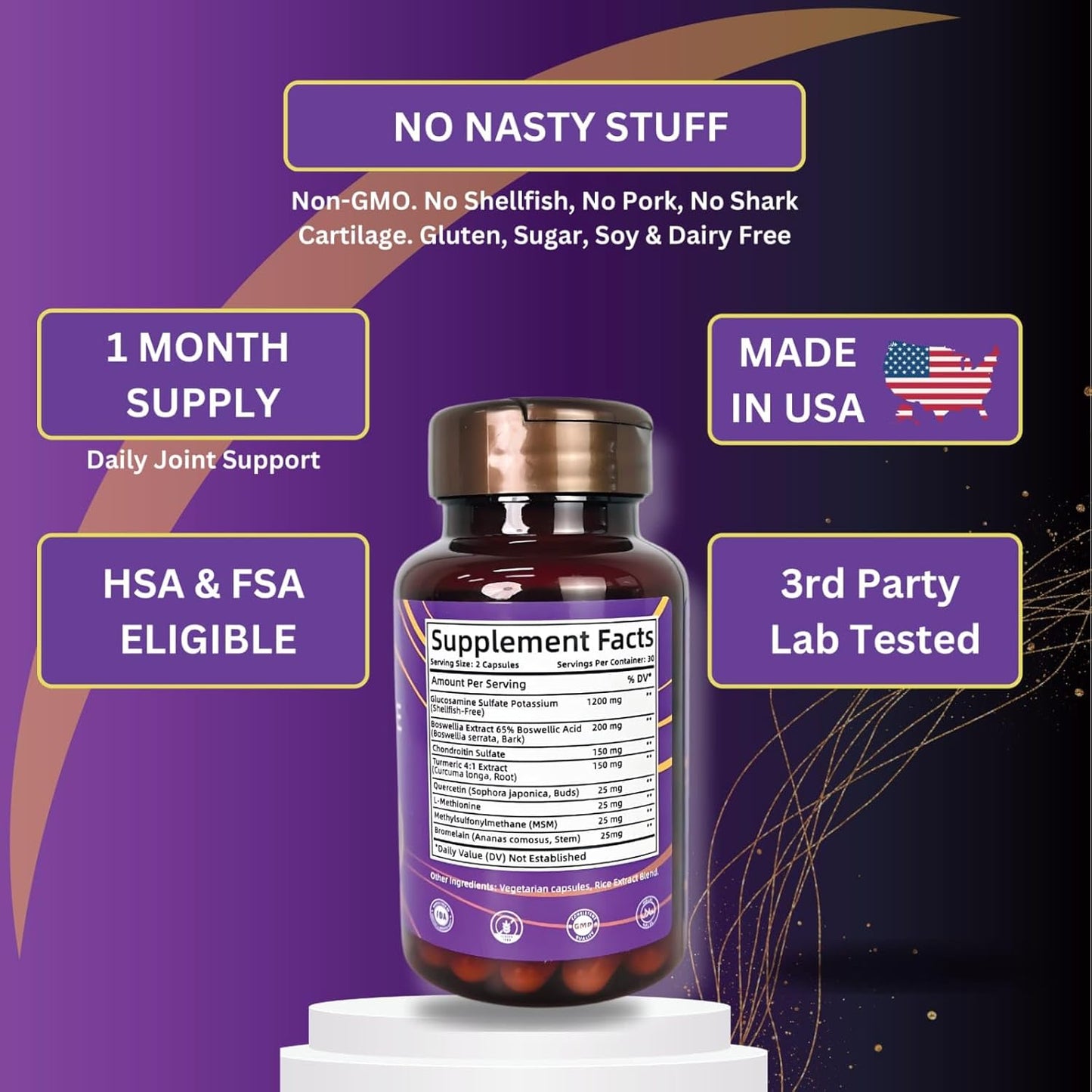 Joint Support Supplement with Glucosamine, Chondroitin, MSM & Turmeric - 60 Capsules for Cartilage & Mobility