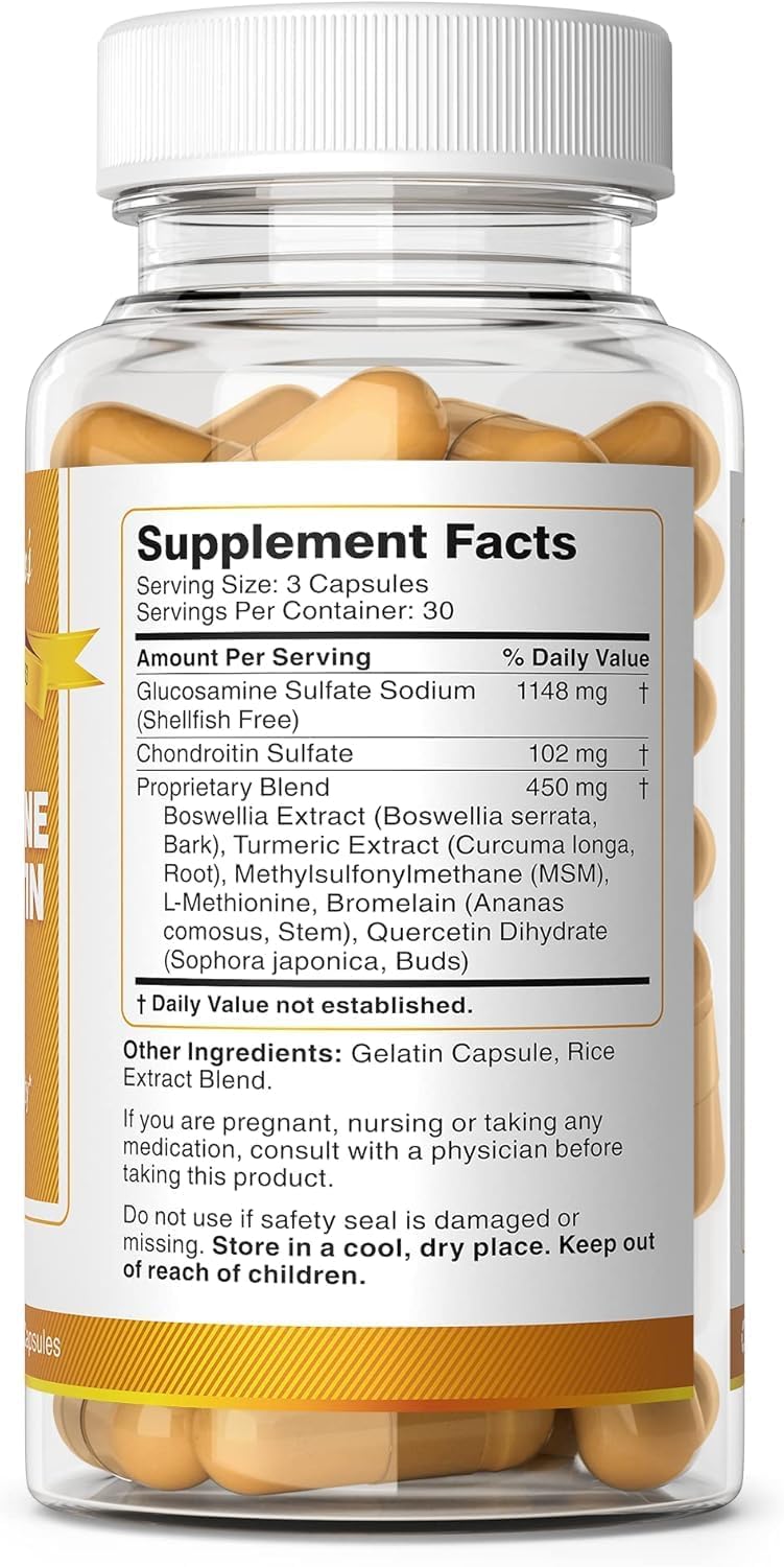 Joint Support Supplement with Glucosamine, Chondroitin, MSM, Turmeric - 90 Capsules for Mobility and Comfort