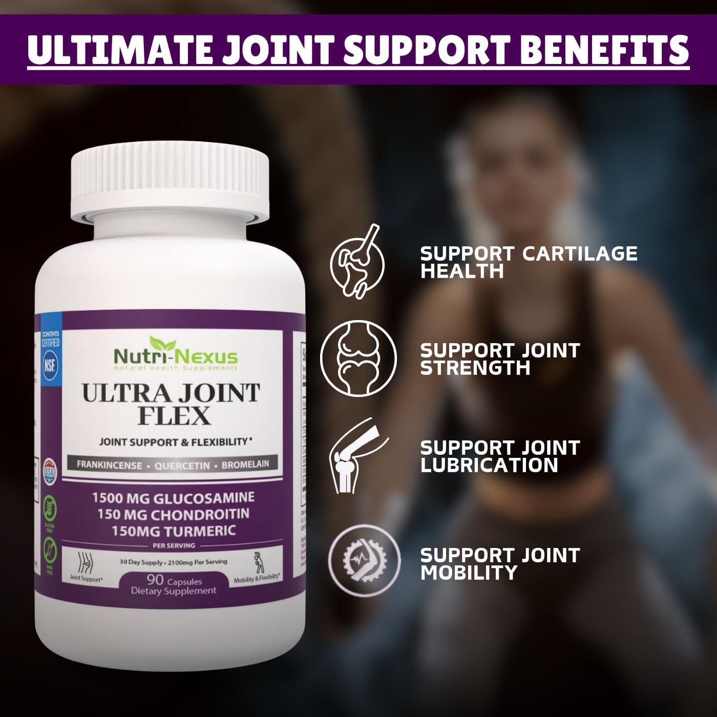 Joint Support Supplement with Glucosamine, Chondroitin, Turmeric & More - 90 Capsules for Mobility & Flexibility