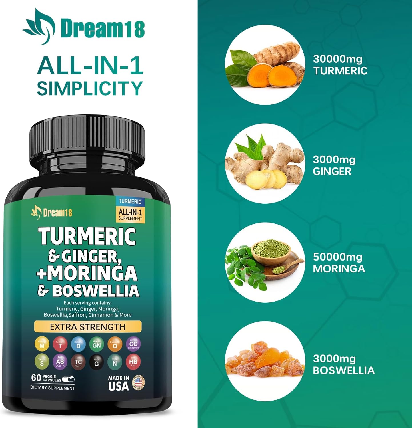 Joint Support Supplement with Turmeric, Ginger, Moringa, Boswellia, Saffron, Ceylon Cinnamon, Quercetin, and Tart Cherry - 60 Capsules