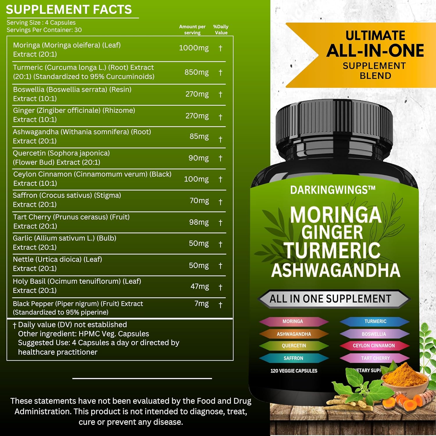 Joint Support Supplement with Turmeric, Moringa, Ginger, Boswellia, and Saffron - Ideal for Men and Women with Ceylon Cinnamon, Tart Cherry, Quercetin, Garlic, Nettle, and Holy Basil - All-in-One Formula