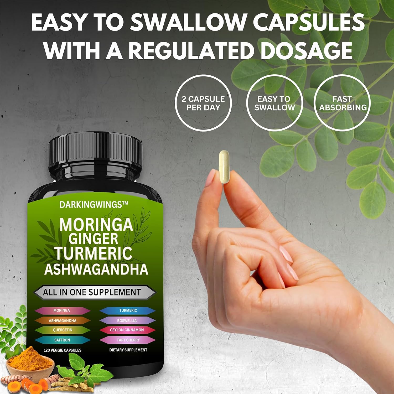 Joint Support Supplement with Turmeric, Moringa, Ginger, Boswellia, and Saffron - Ideal for Men and Women with Ceylon Cinnamon, Tart Cherry, Quercetin, Garlic, Nettle, and Holy Basil - All-in-One Formula