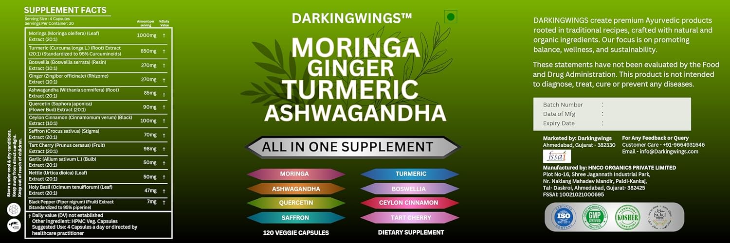 Joint Support Supplement with Turmeric, Moringa, Ginger, Boswellia, and Saffron - Ideal for Men and Women with Ceylon Cinnamon, Tart Cherry, Quercetin, Garlic, Nettle, and Holy Basil - All-in-One Formula