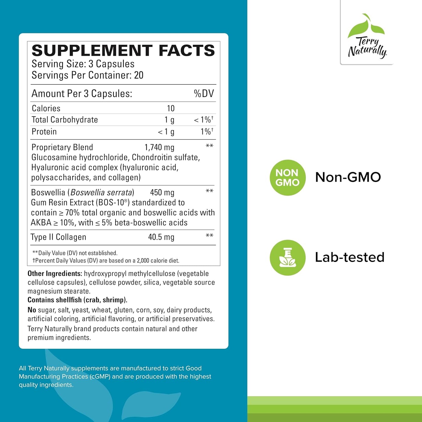 Joint Support Supplement with Type II Collagen, Glucosamine, Chondroitin, Hyaluronic Acid & Boswellia - Non-GMO, Gluten Free - 60 Capsules