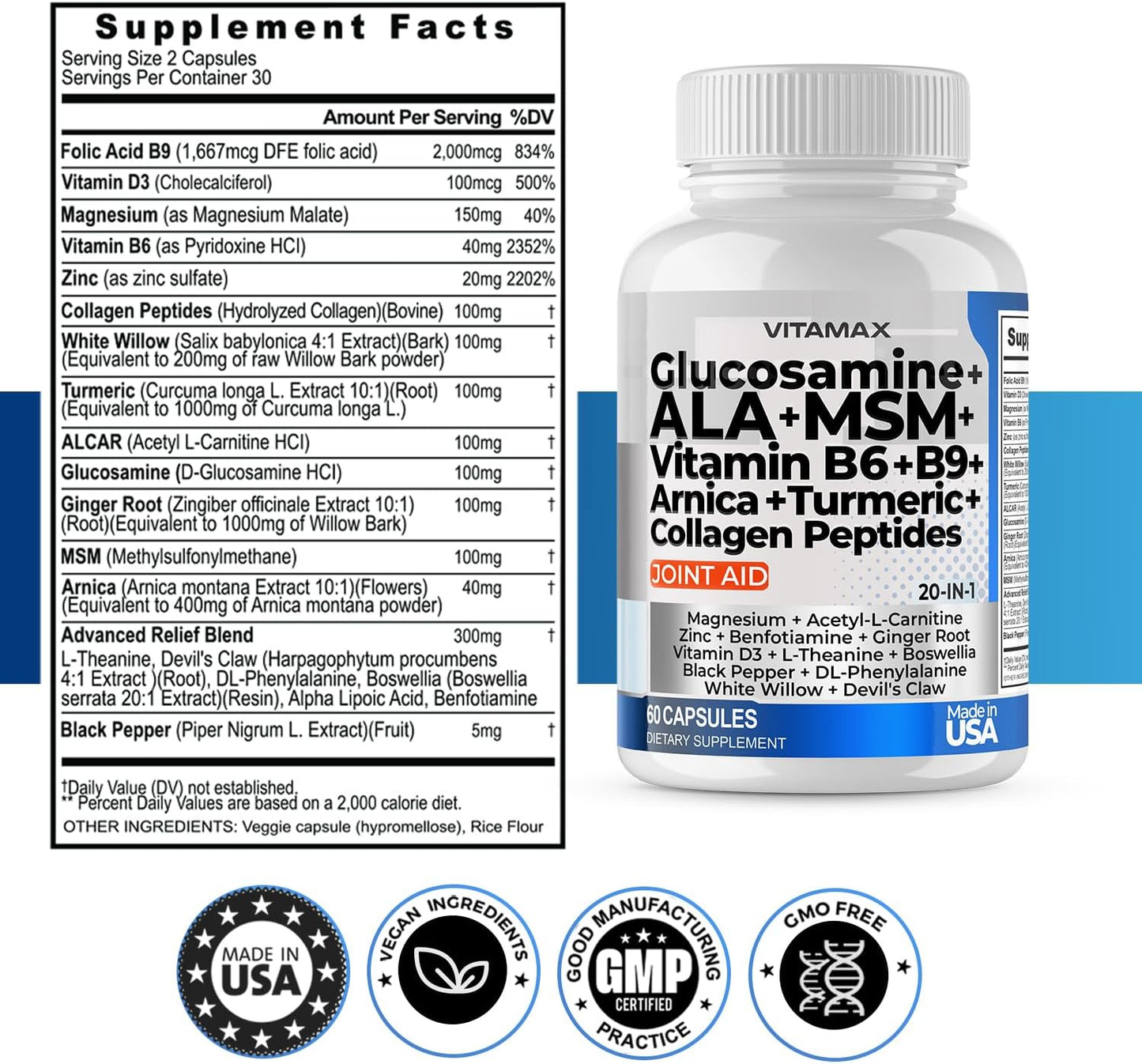 Joint Support Supplement with Vitamax, Glucosamine, MSM, Turmeric, ALCAR, Boswellia, ALA, Collagen, and BioPerine - Enhances Mobility, Flexibility, and Comfort - Made in USA - 120ct