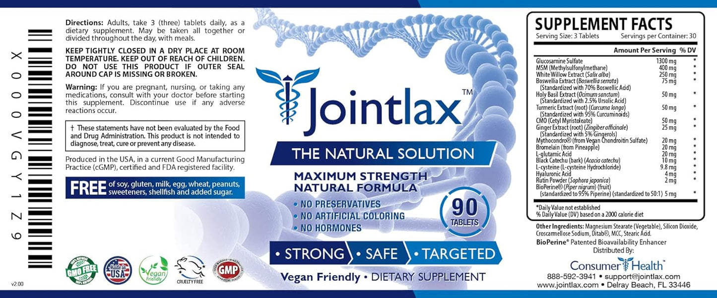 Jointlax Ultimate Joint Support Tablets - Enhance Mobility with Glucosamine, Chondroitin, Turmeric & BioPerine - High Absorption - Vegan - 90 Count