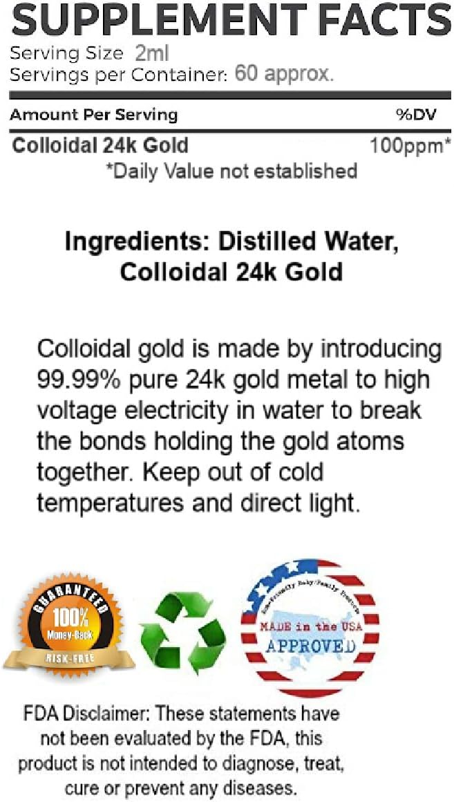 Joy Co. Liquid Colloidal Gold 24k 99.99% Pure 100ppm Ruby Red Water Based Electrolysis 4oz Glass Bottle - All Natural Formula