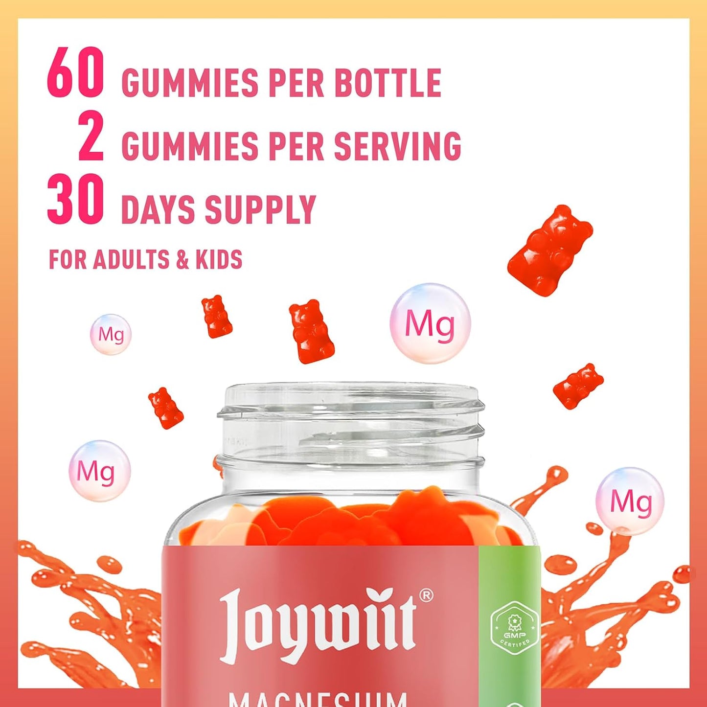 Joywiit Magnesium Glycinate Gummies 500mg with Threonate 200mg - Vitamin D, B6, B12 for Calm Mood, Muscle Relief, Nerve Health, and Bone Support - 60 Count
