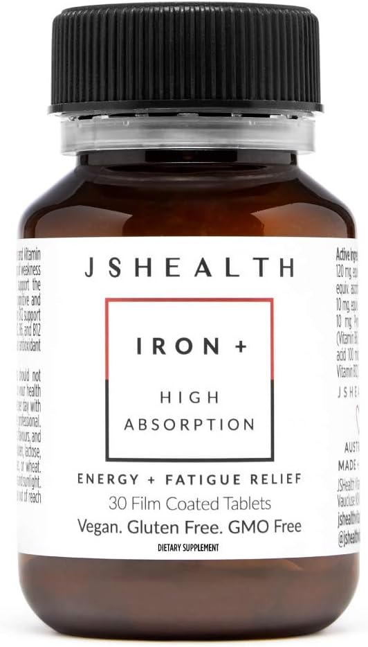 JSHealth Iron+ Supplement: Energy Support with Vitamin C & B12 - Iron Deficiency Pills - Non-Nauseating Formula (30 Tablets)