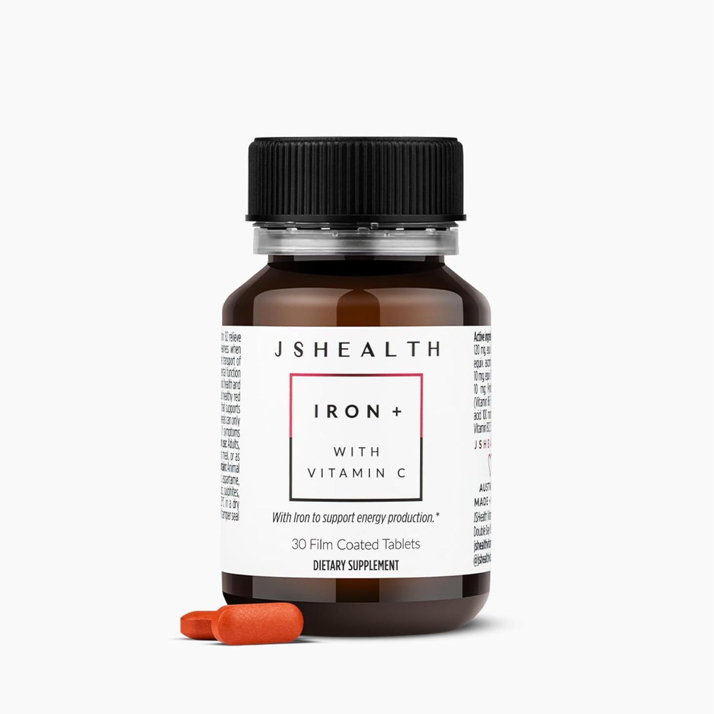 JSHealth Iron+ Supplement: Energy Support with Vitamin C & B12 - Iron Deficiency Pills - Non-Nauseating Formula (30 Tablets)