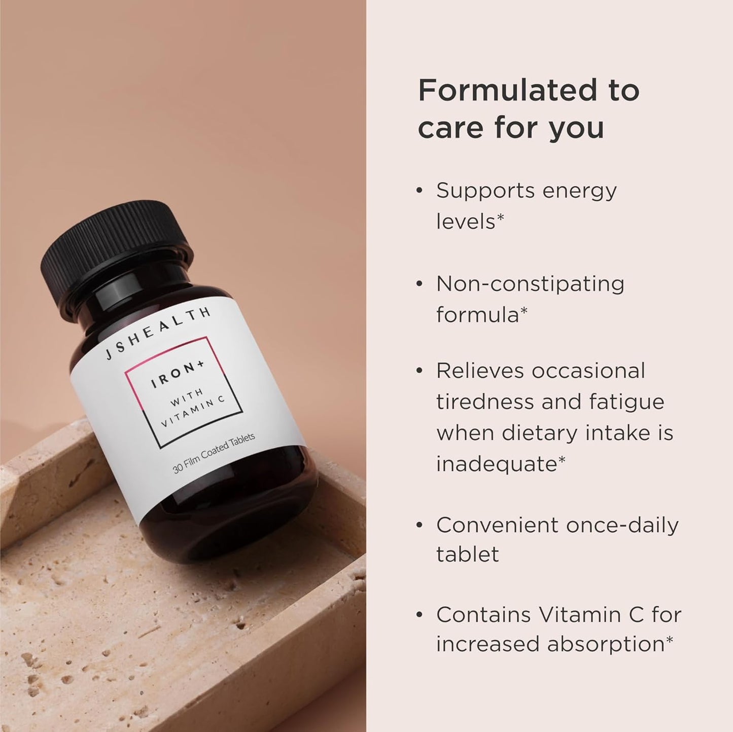 JSHealth Iron+ Supplement: Energy Support with Vitamin C & B12 - Iron Deficiency Pills - Non-Nauseating Formula (30 Tablets)