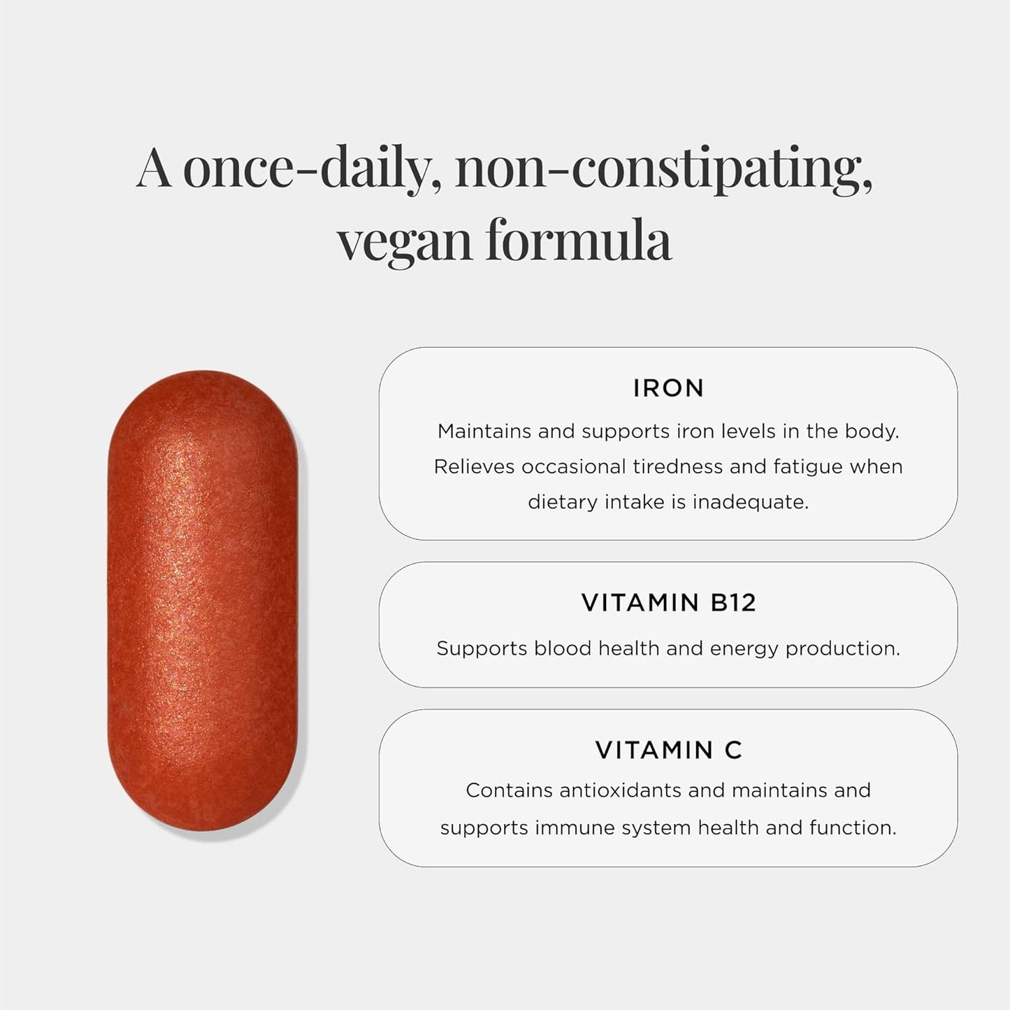 JSHealth Iron+ Supplement: Energy Support with Vitamin C & B12 - Iron Deficiency Pills - Non-Nauseating Formula (30 Tablets)