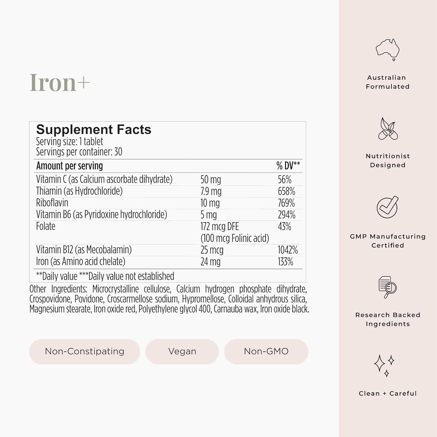 JSHealth Iron+ Supplement: Energy Support with Vitamin C & B12 - Iron Deficiency Pills - Non-Nauseating Formula (30 Tablets)