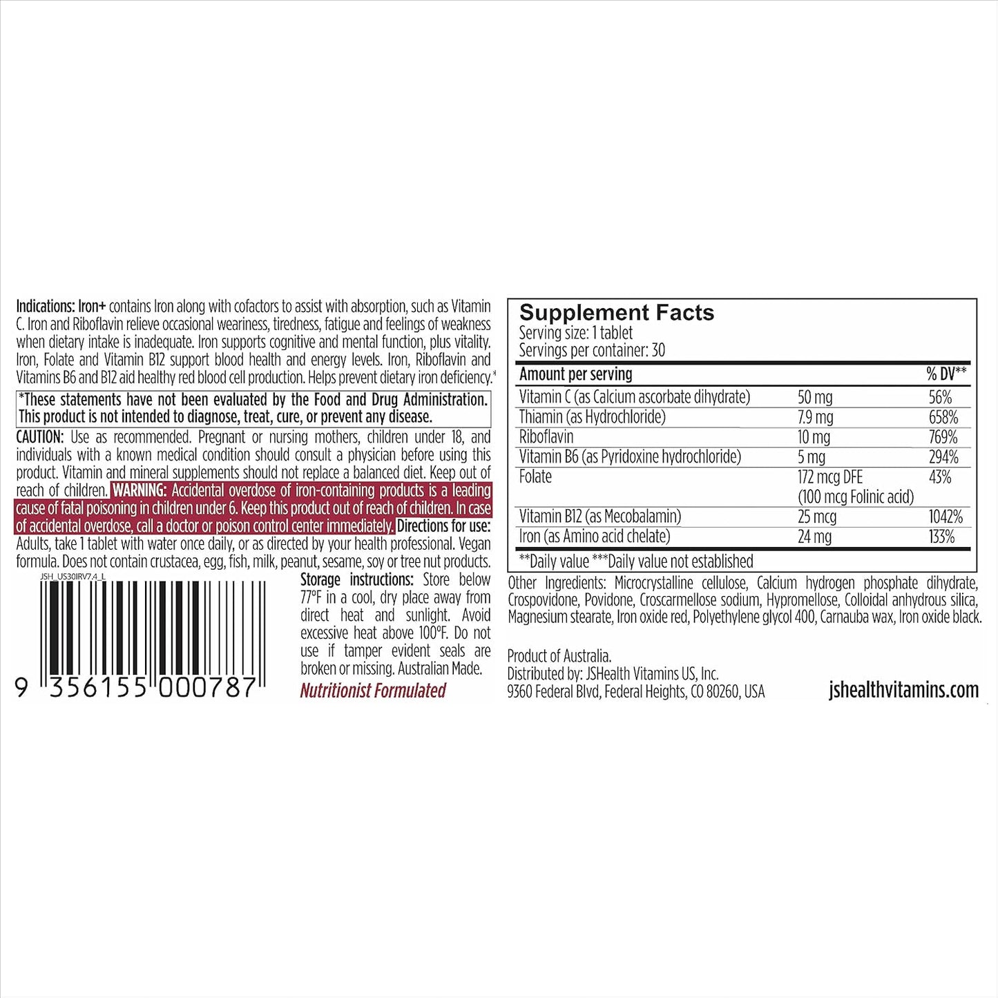 JSHealth Iron+ Supplement: Energy Support with Vitamin C & B12 - Iron Deficiency Pills - Non-Nauseating Formula (30 Tablets)