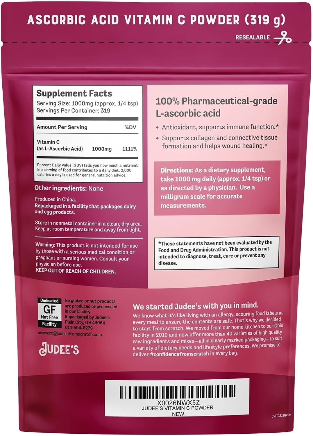 Judee's Pure Vitamin C Powder 11.25oz - Non-GMO, Gluten-Free, Nut-Free - Immune Support & Antioxidant - No Fillers - Cosmetics & Food Preservation
