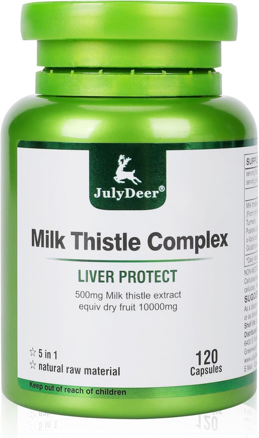 JulyDeer Milk Thistle Capsules - 500mg Liver Support & Antioxidant Detox Supplement for Hangover & Skin - 120 Capsules