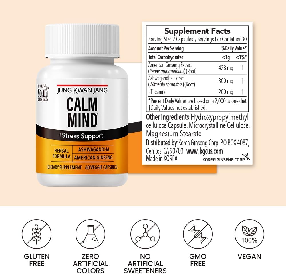 JungKwanJang Calm Formula Supplement with Ashwagandha, American Ginseng, L-Theanine - 60 Capsules for Men and Women