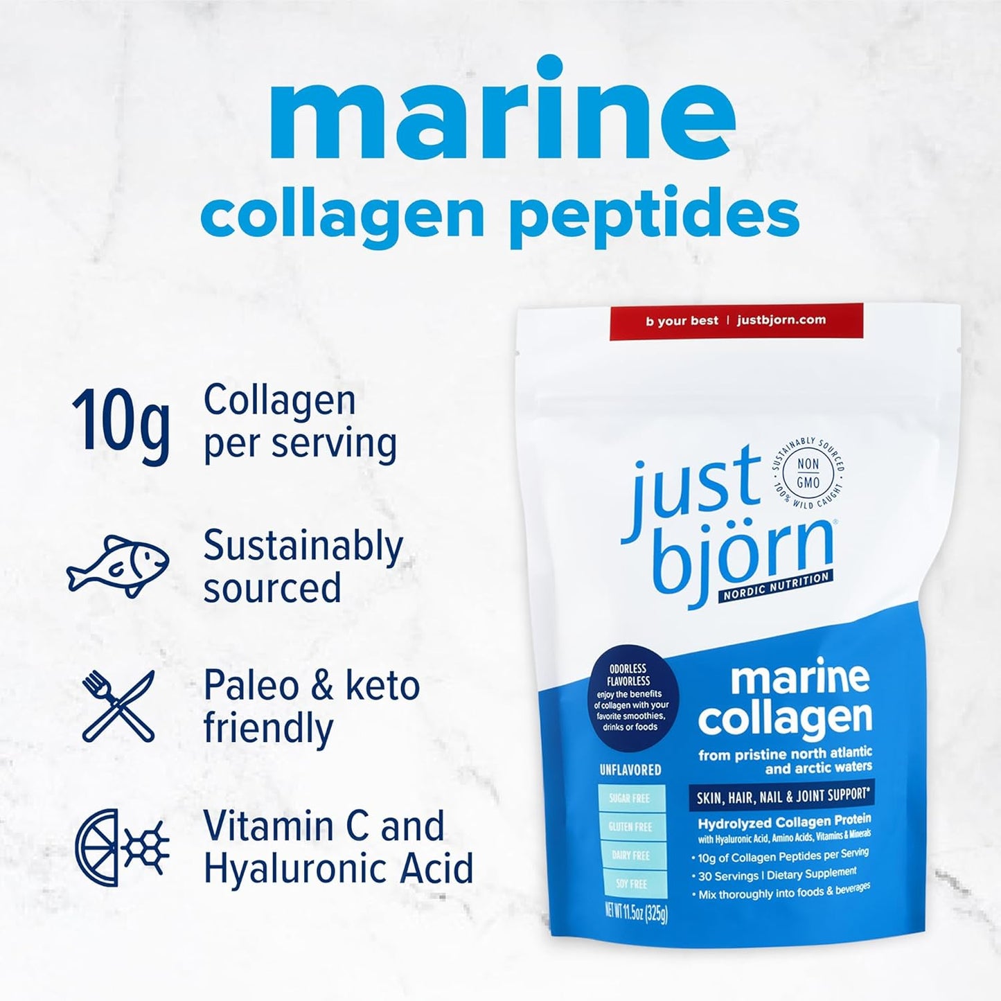 Just Bjorn Marine Collagen Peptides Powder with Hyaluronic Acid & Vitamin C for Skin, Hair, Nails, and Joints - Unflavored, 30 Servings
