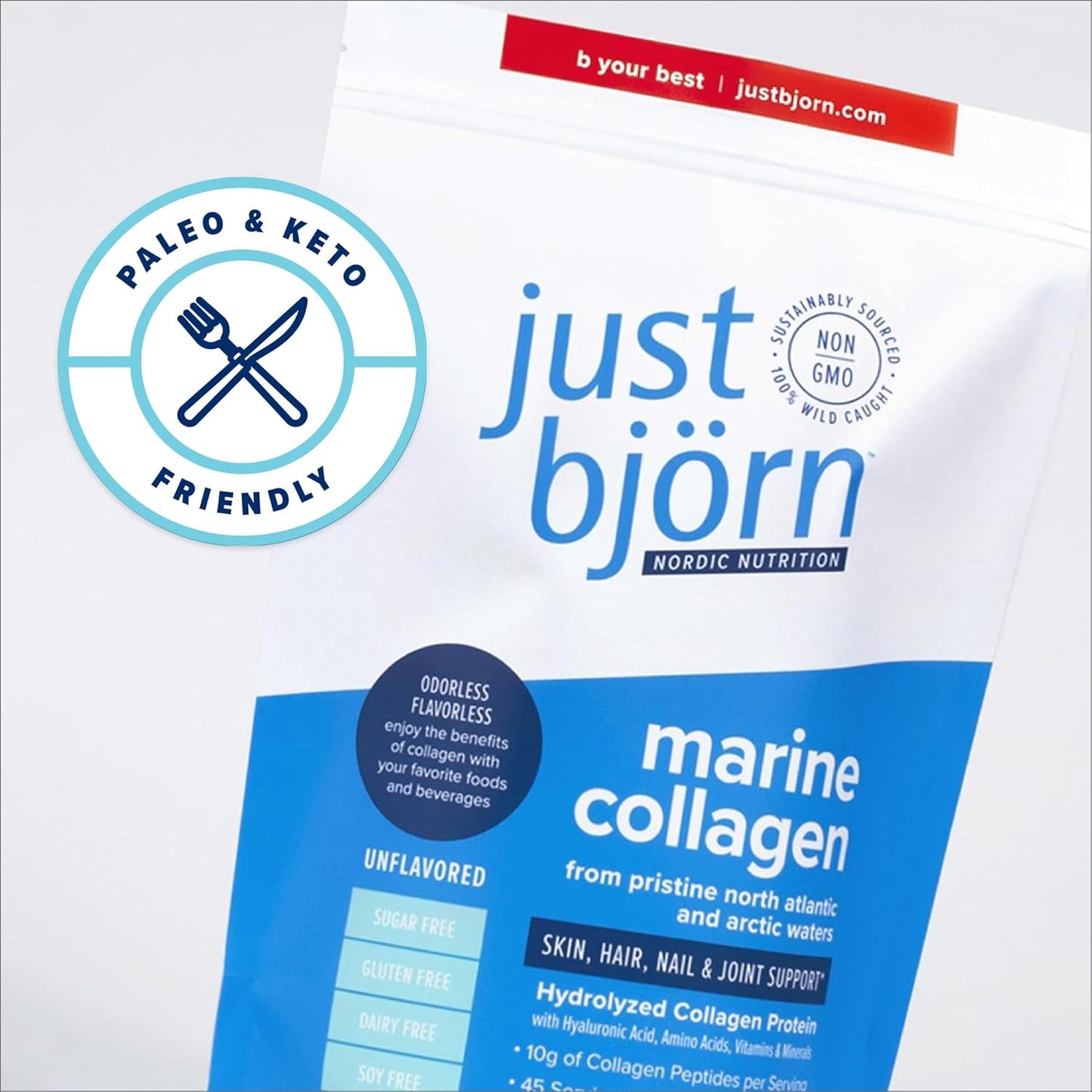 Just Bjorn Marine Collagen Peptides Powder with Hyaluronic Acid & Vitamin C for Skin, Hair, Nails, and Joints - Unflavored, 30 Servings