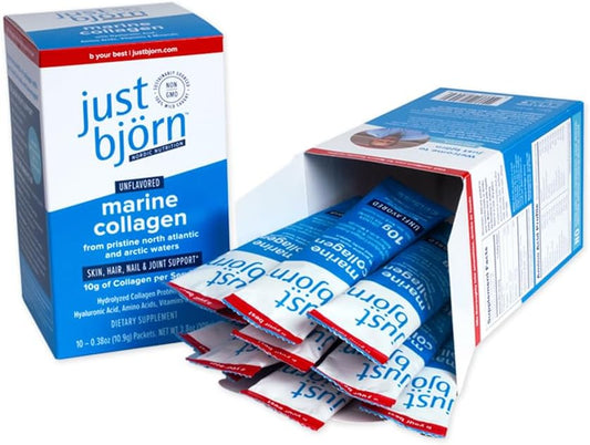 Just Bjorn Premium Marine Collagen Peptide Powder Stick Packs with Hyaluronic Acid, Vitamin C, Amino Acids - Skin, Hair, Nail & Joint Support - Unflavored - 10 Pack