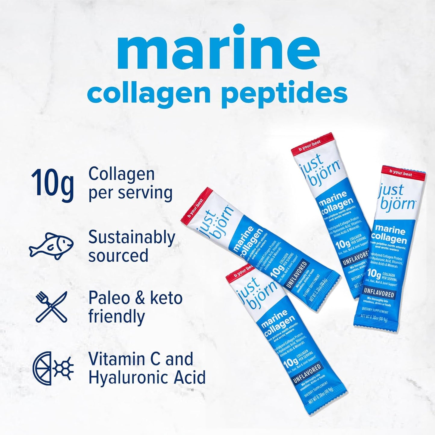 Just Bjorn Premium Marine Collagen Peptide Powder Stick Packs with Hyaluronic Acid, Vitamin C, Amino Acids - Skin, Hair, Nail & Joint Support - Unflavored - 10 Pack