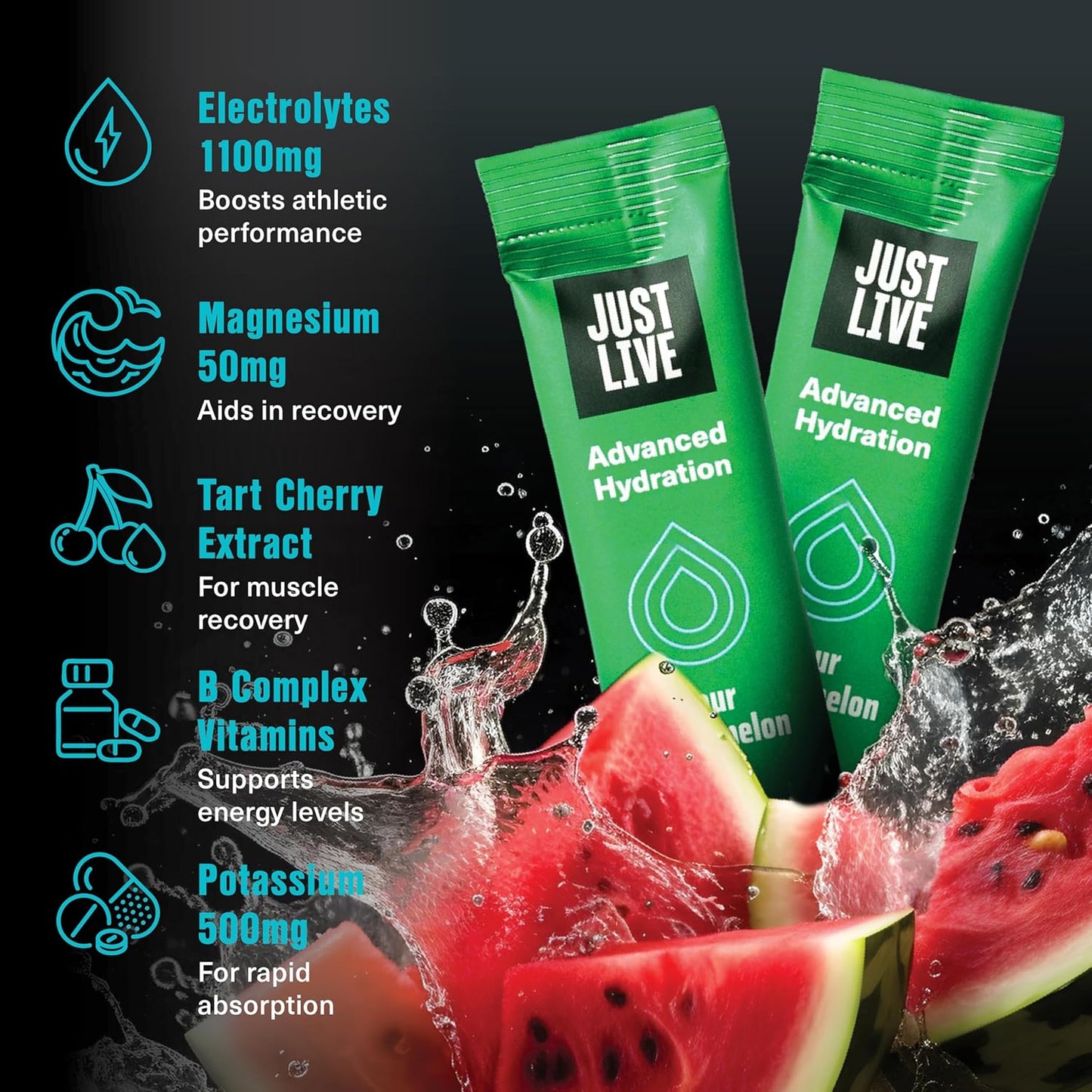 Just Live Sour Watermelon Electrolyte Drink Mix with Tart Cherry Extract - Advanced Hydration Formula for Recovery & Absorption, Low Sugar, 14 Pack