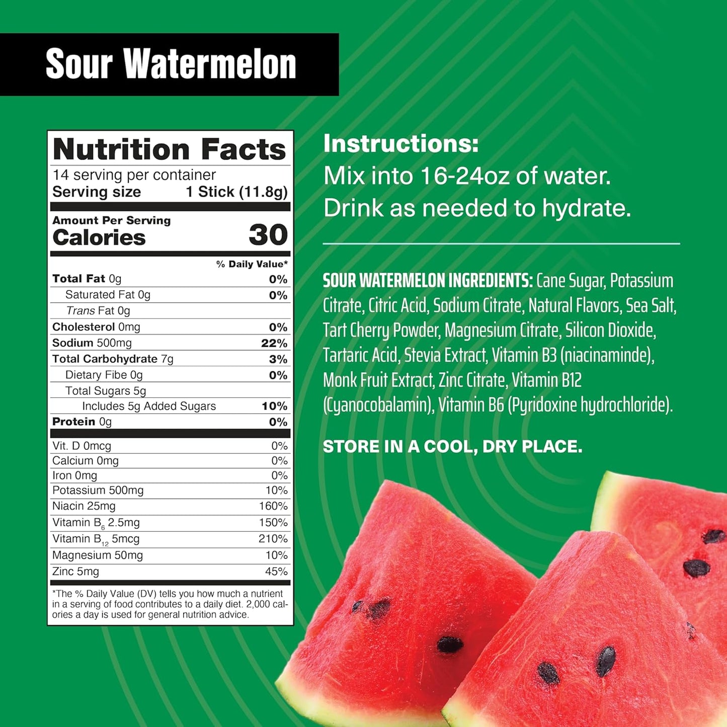 Just Live Sour Watermelon Electrolyte Drink Mix with Tart Cherry Extract - Advanced Hydration Formula for Recovery & Absorption, Low Sugar, 14 Pack