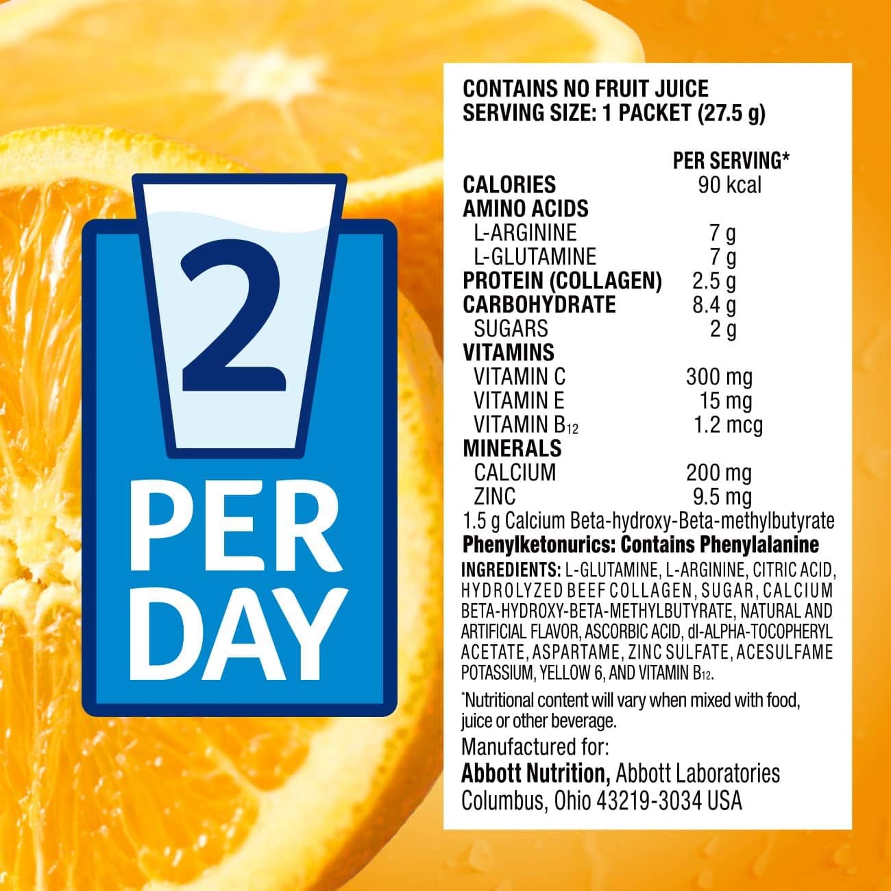 Juven Therapeutic Nutrition Drink Mix Powder with Collagen Protein for Wound Healing Support - Orange Flavor (30 Count)