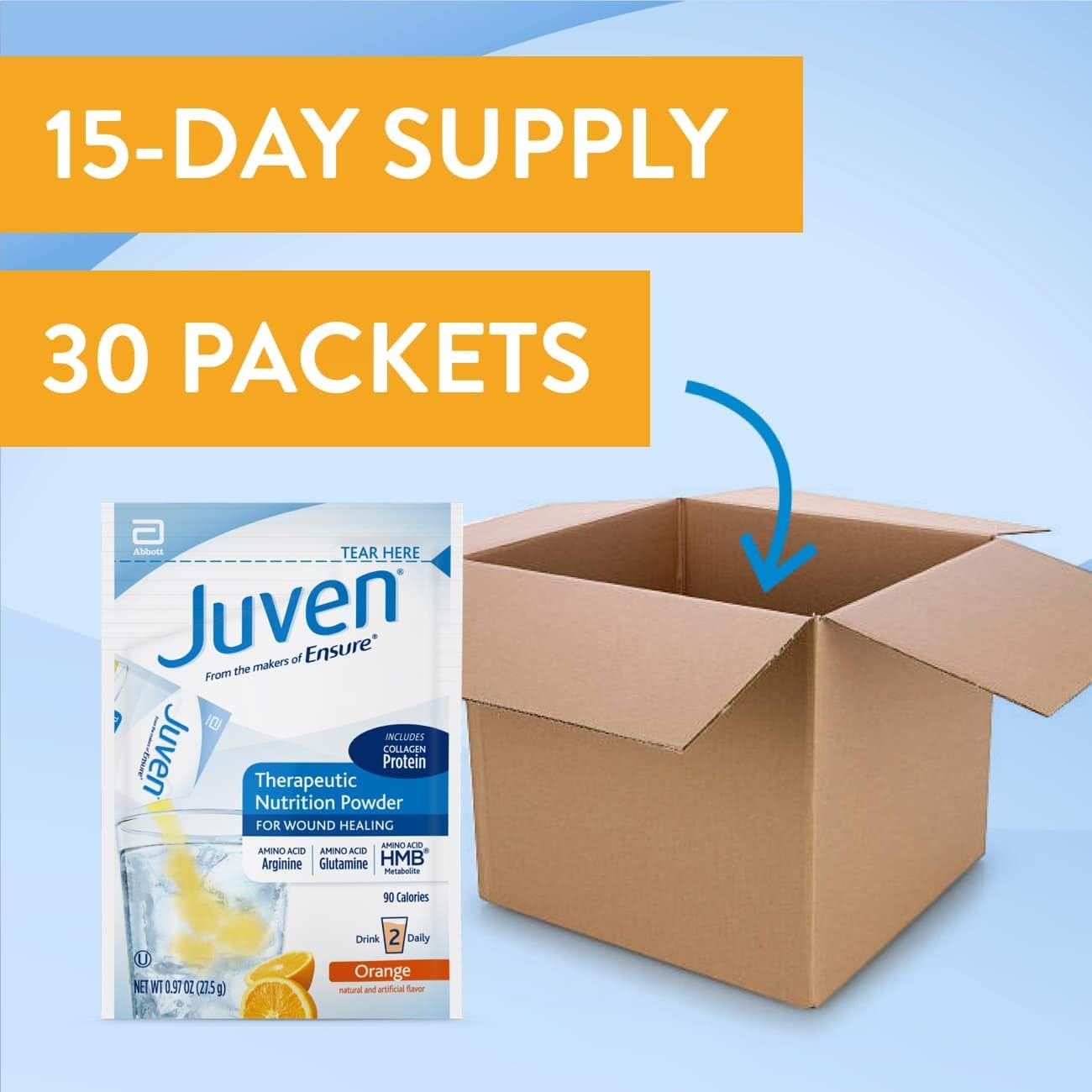 Juven Therapeutic Nutrition Drink Mix Powder with Collagen Protein for Wound Healing Support - Orange Flavor (30 Count)