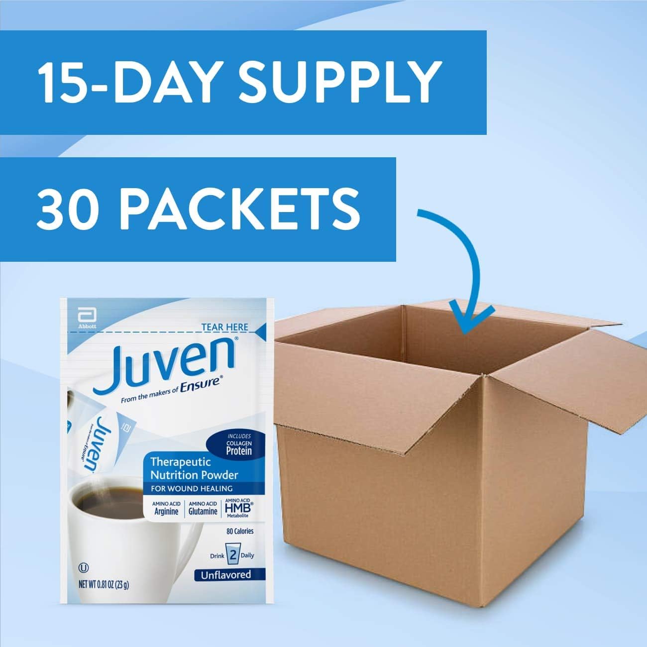 Juven Therapeutic Nutrition Drink Mix Powder with Collagen Protein for Wound Healing, 30 Count, Unflavored