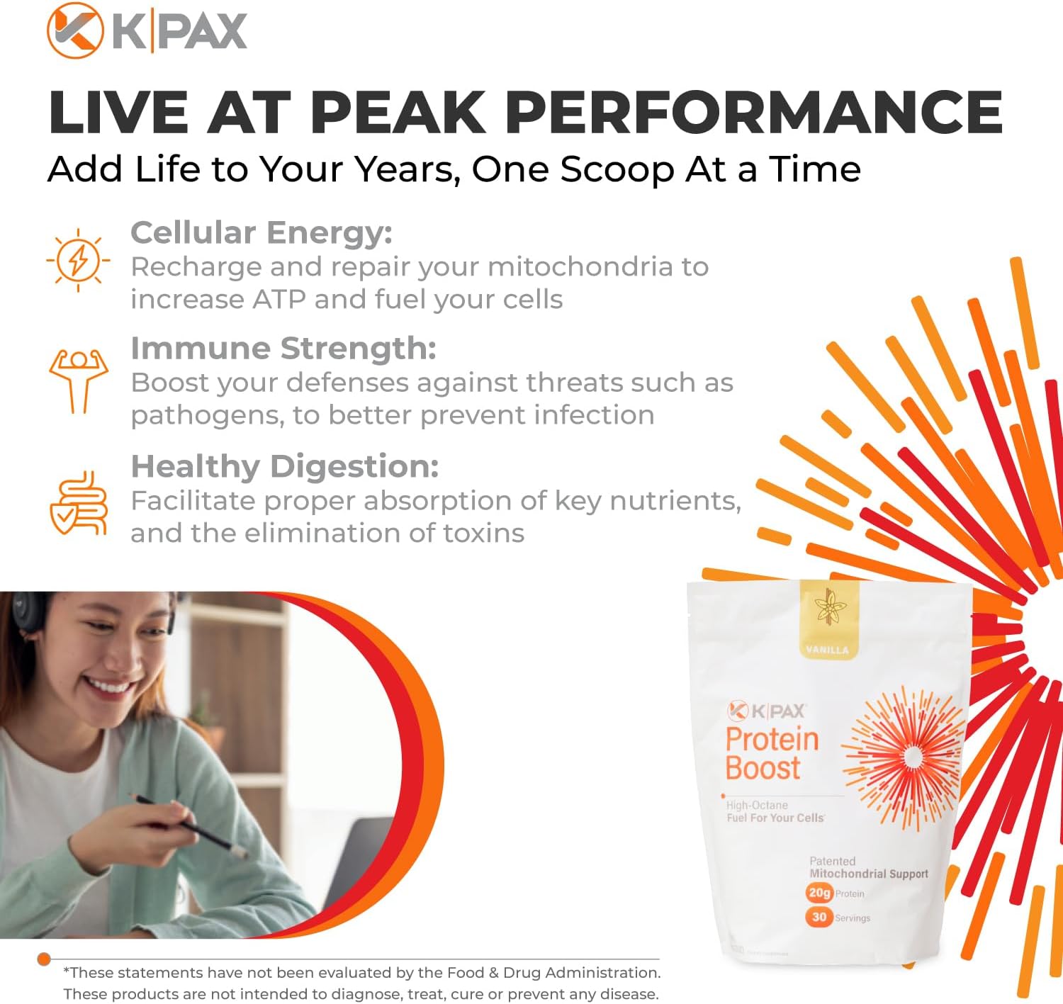 K* PAX KPAX Immune Protein Blend with Green Superfood & Probiotics - Vanilla 2lb, Supports Mitochondrial Health