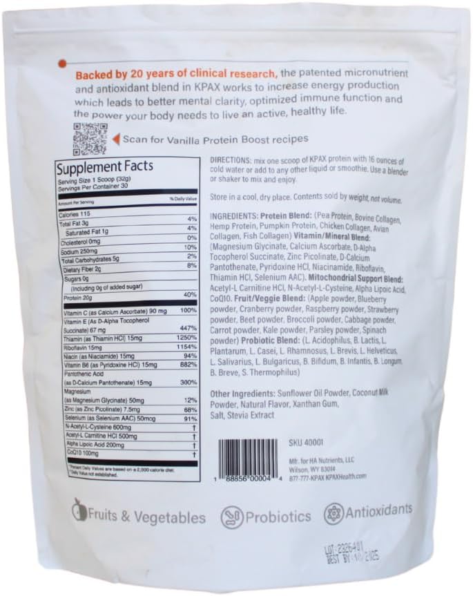 K* PAX KPAX Immune Protein Blend with Green Superfood & Probiotics - Vanilla 2lb, Supports Mitochondrial Health