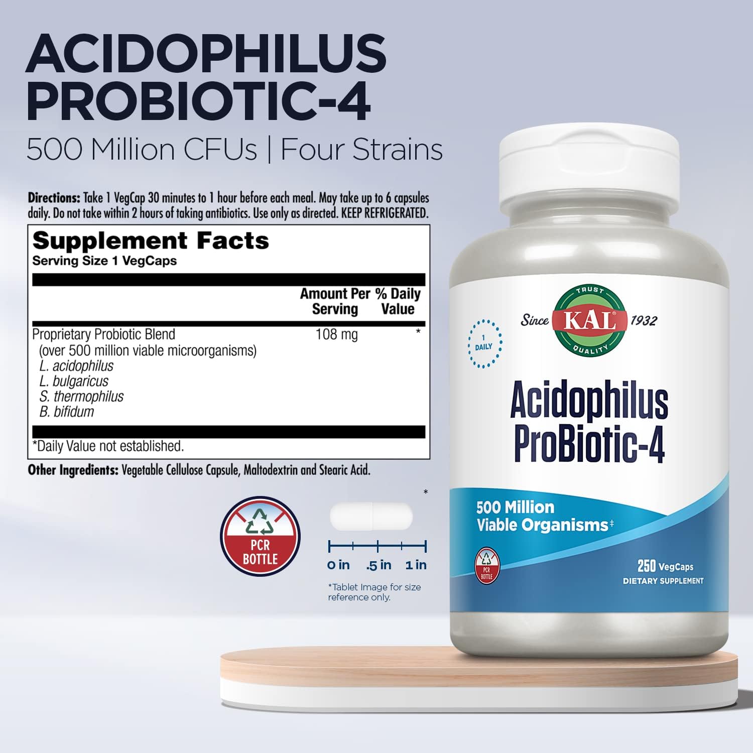 KAL Acidophilus ProBiotic-4 with Four Probiotic Strains, 500 Million CFUs, Freeze Dried VegCaps - Probiotics for Women and Men
