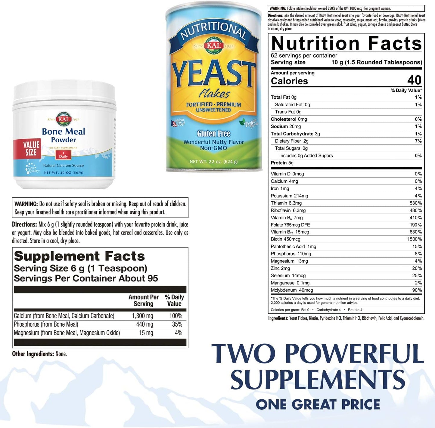 KAL Bone Meal Powder and Nutritional Yeast Combo Pack | 20oz and 22oz